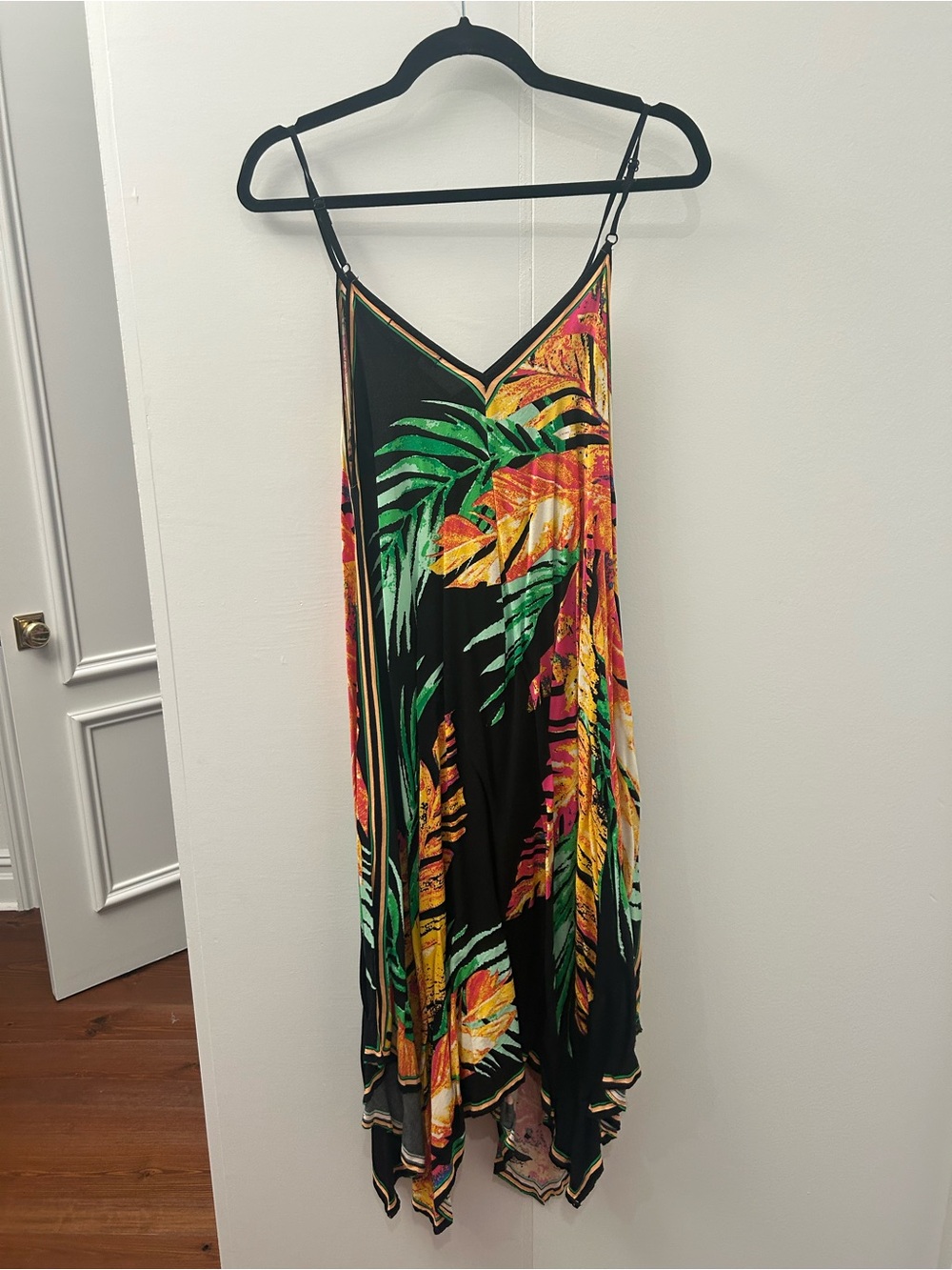 Flying Tomato Black Slip Dress with Green & Yellow Tropical Leaves